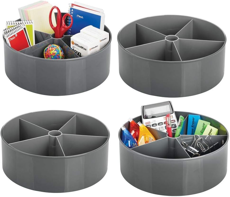 mDesign Deep Plastic Lazy Susan Turntable Storage Container - Divided Spinning Organizer for Home Office Supplies, Pens, Erasers, Tape, Colored Pencils - 4 Pack - Charcoal Gray