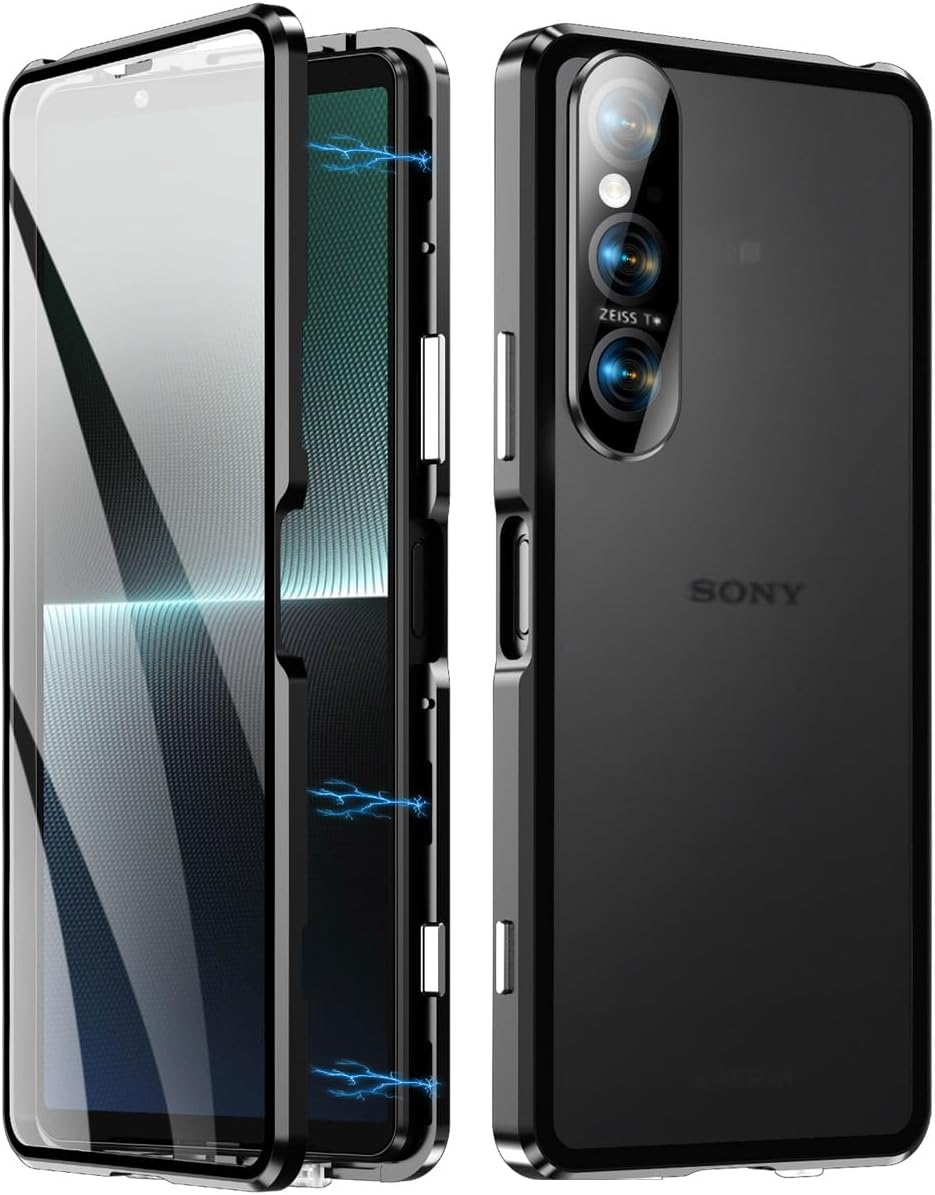 Case Compatible with Sony Xperia 1 VI 5G,Magnetic Body Metal Frame Double Sided Clear Tempered Glass Cover,Black