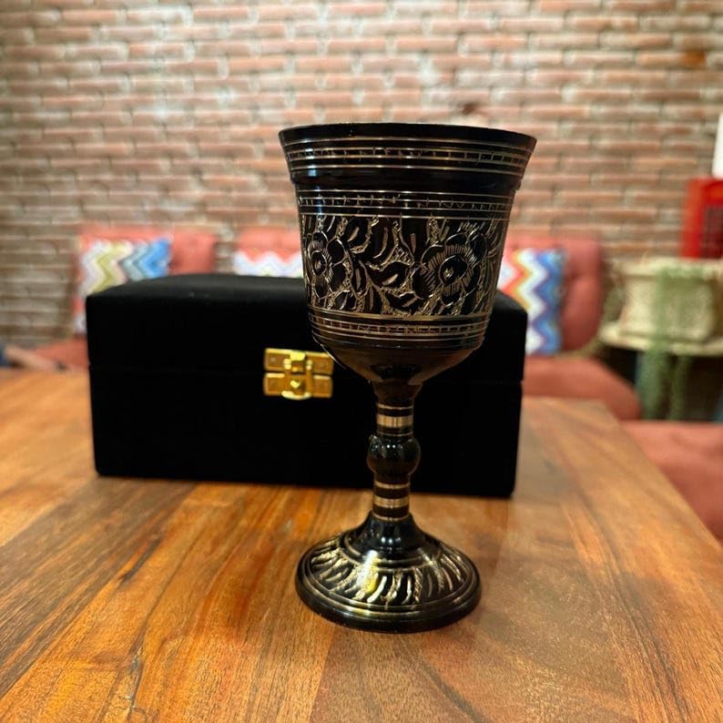 Vintage Engraved Brass Wine Chalice Goblet 6 Inch With Black Box 6 Inch