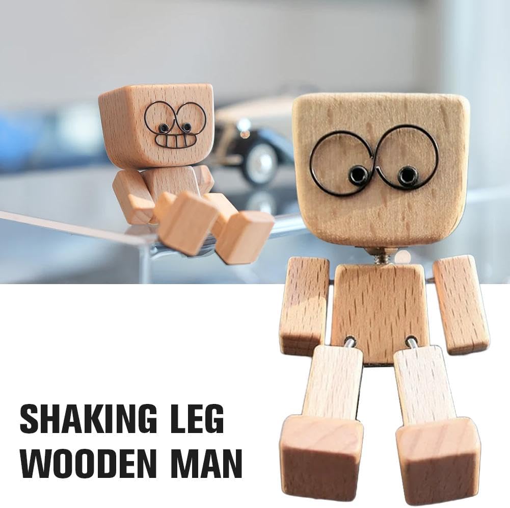 Shaking Wooden Man, Shaking Wooden Man Figurine for Car Dashboard, Handmade Shak Feet Woodens Doll, Funny Cars Ornaments Wood Desktop Decor, Car Dashboard Accessories with 12PCS Magnetic Expressions