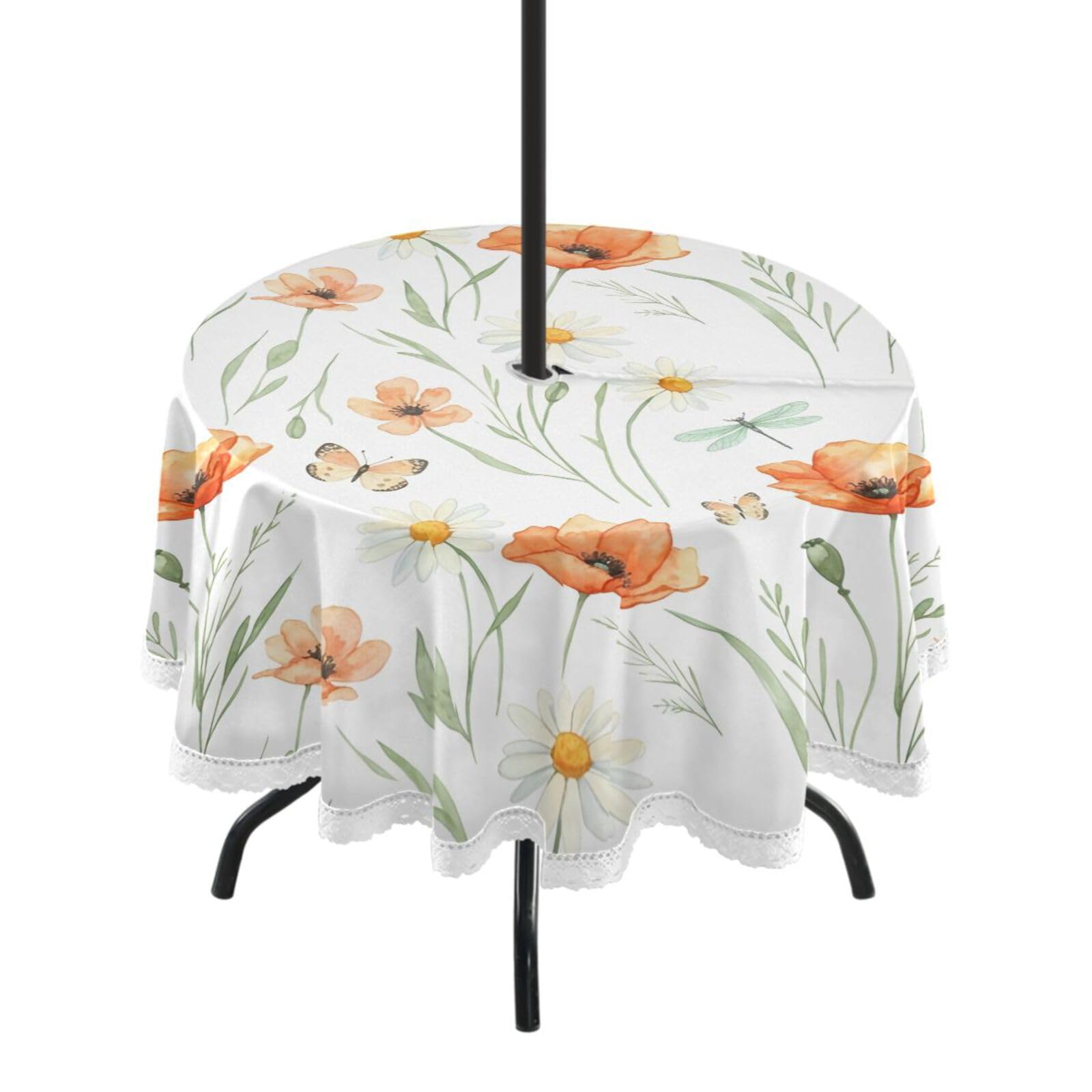 Ttgoth Wildflowers Outdoor Table Cloth 152 cm Water Stain & Resistan Tablecloth Wipeable Table Cover with Parasol Hole & Zipper for Garden Patio Party Picnic
