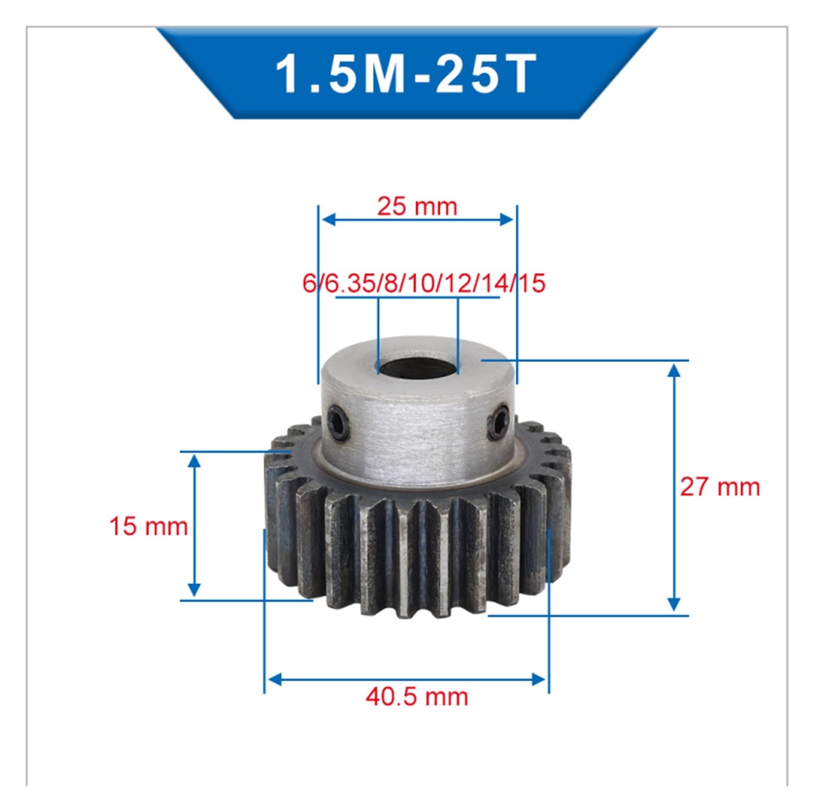 Bevel Gear Pinion Hardware Mechanical 1.5M 25T Spur Gear Bore 6/6.35/8/10/12/14/15mm Pinion Gear Low Carbon Steel Material Gear Wheel for Motor(10x3x1.4 mm)
