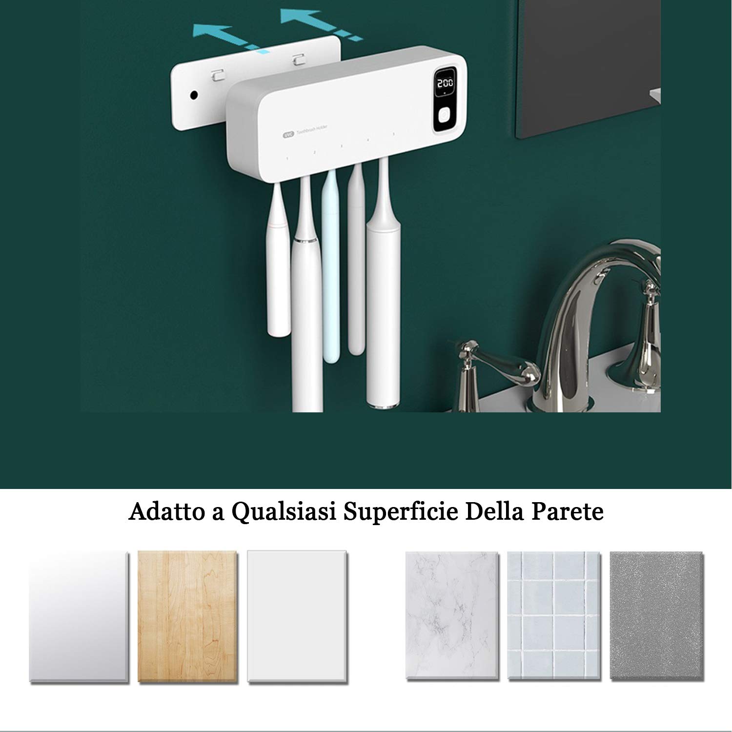 Esterilizador de Cepillo de Dientes UV, esterilizador de Cepillo de Dientes eléctrico de Pared de baño Recargable USB 2000mAh con Tapa Set Funda (Secado + desinfección)