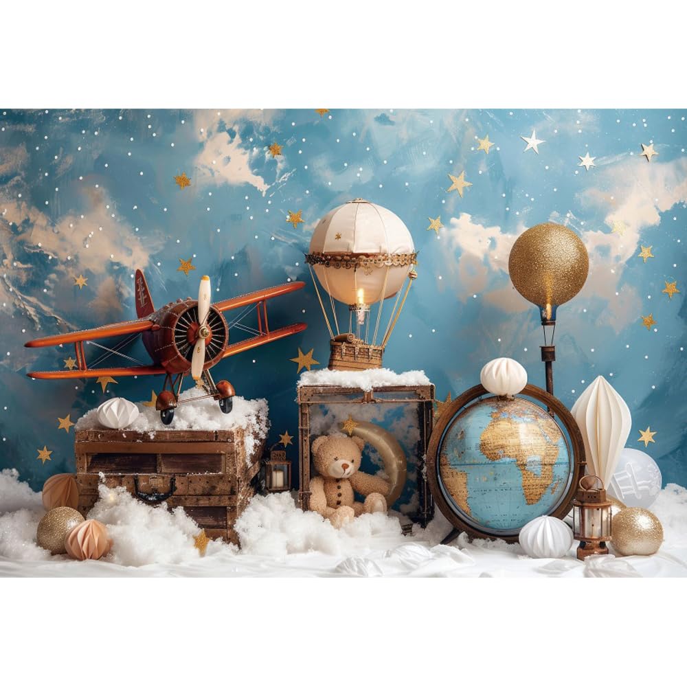 YongFoto Travel Adventure Theme Backdrop 7x5ft Cute Clouds Sky Stars Bear Globe Photography Background Adventure Awaits Baby Shower Girl Boy 1st 2nd