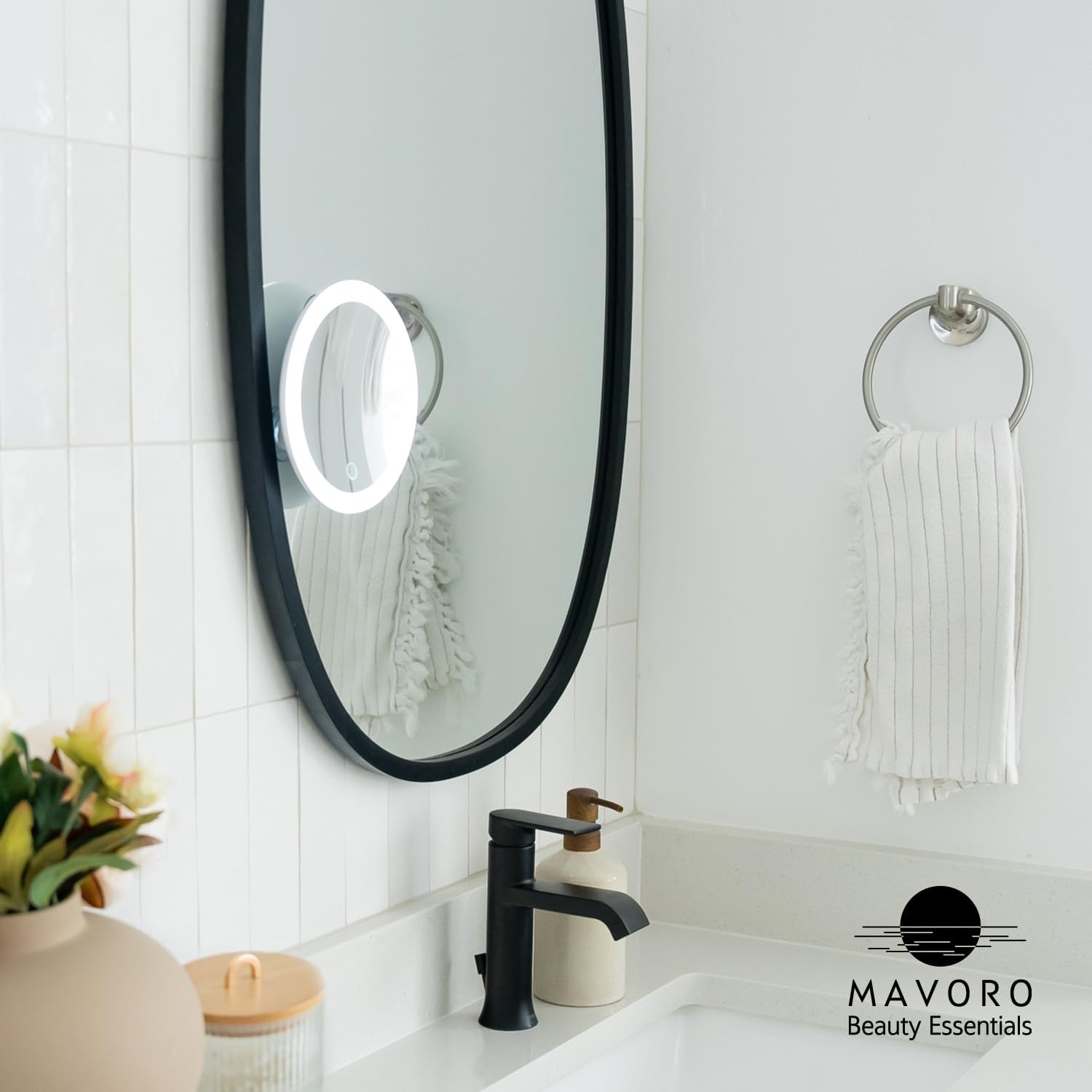 Mavoro 6.8" LED Magnifying Mirror with 3 Strong Suction Cups | 5X Magnification | Portable Lighted Travel Makeup & Cosmetic Mirror with Light (4 AAA Battery Operated | 5X)