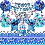 Stitch Party Supplies, 103 pieces Birthday Decorations Set Include Banner, Balloons, Stickers, Hanging Swirls, Cake Cupcake Toppers, Tablecloth for Boys Girls Stitch Theme Party