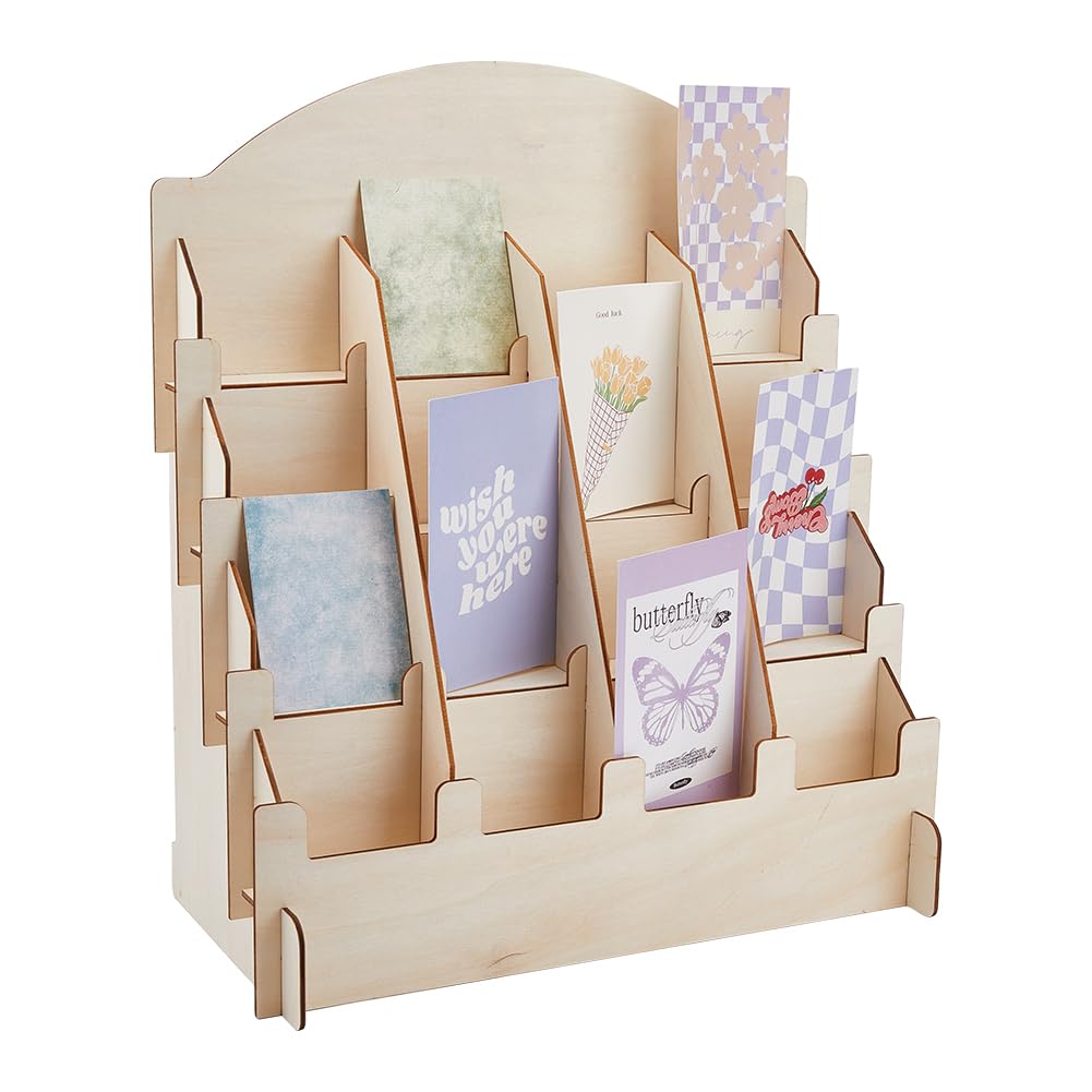 SUPERFINDINGS Sticker Display Stand 4-Tier 16-Slot 14.01x14.56Inch Wooden Display Riser Stands Counter Retail Display Rack Postcard Display Stand for Postcard Brochure Photos Picture