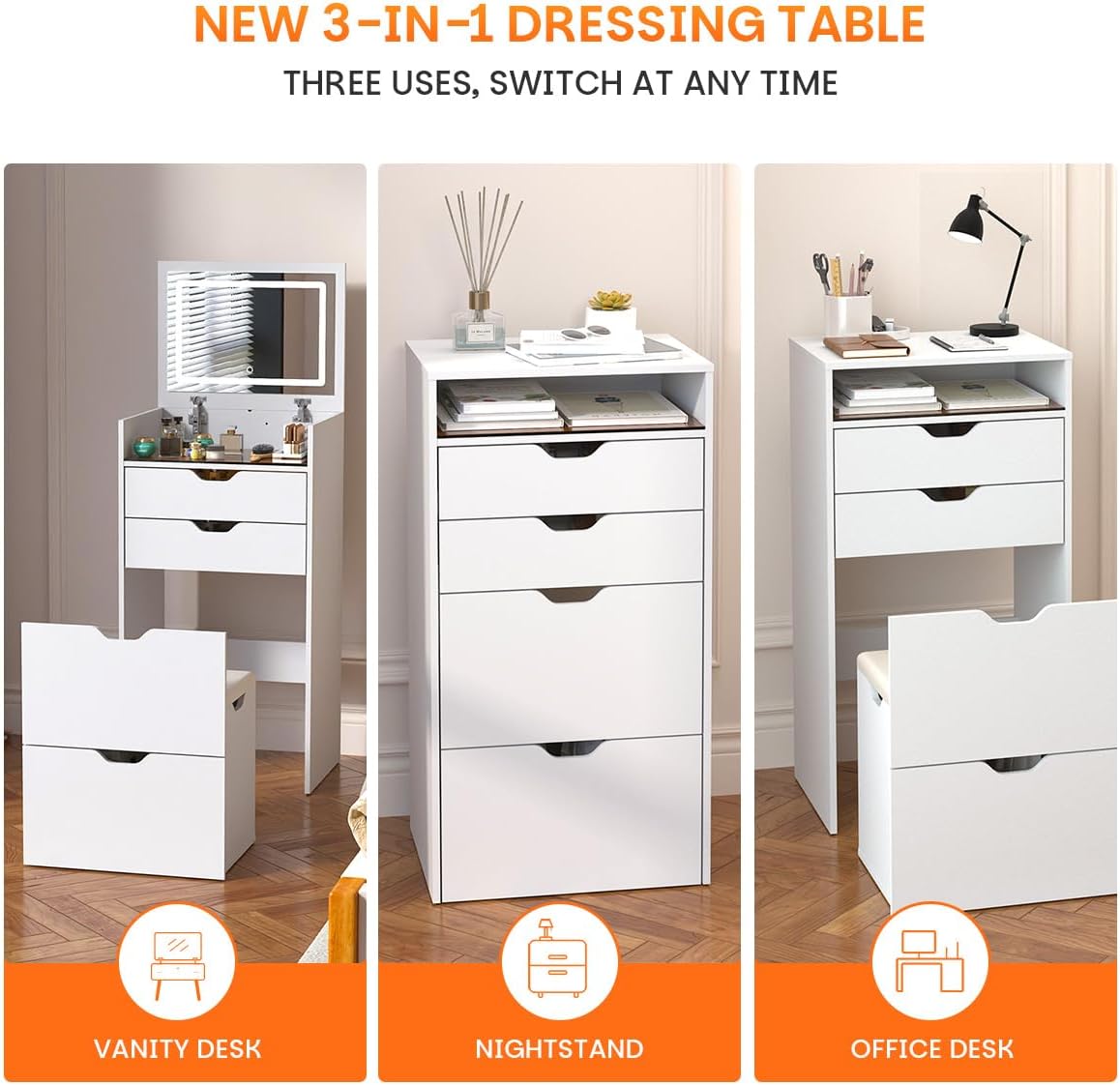 3 in 1 Vanity Desk with Flip-up Mirror and Lights, Small Makeup Vanity Set with Hidden Chair and Storage Drawers, Compact Dressing Table for Bedroom(Pink)