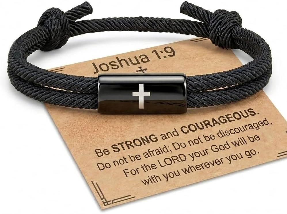 Cross Bracelet for Men or Godson - Adjustable Black Rope Stainless Steel Religious Jewelry, First Communion & Confirmation Bible Verse Faith Gift for Him