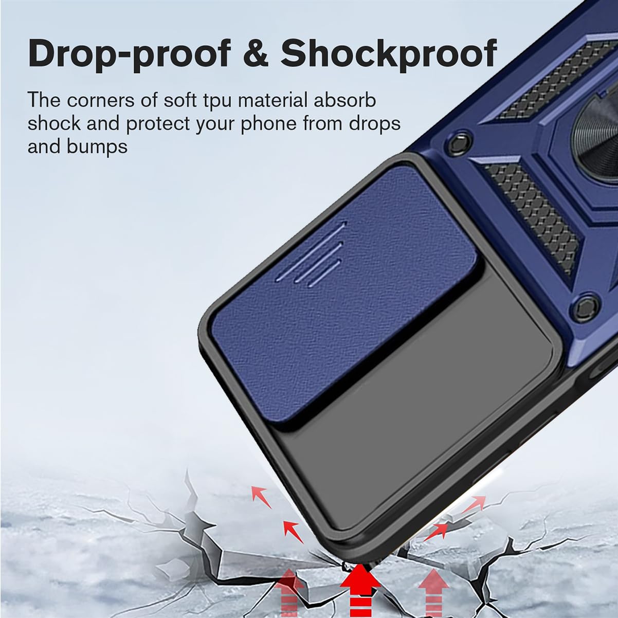 Jeelar ESONG Cover per Motorola Moto G54,Custodia Protettiva di Grado Militare e con Scorrevole Fotocamera Proteggi/ 2 Pezzi Pellicola Vetro Temperato/360° Magnetica Anello Supporto-blu