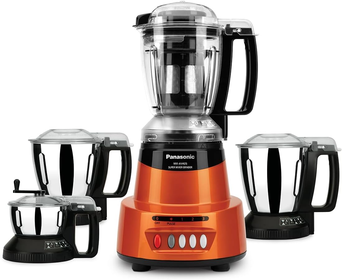 Panasonic Heavy Duty Mixer Grinder For Kitchen MX-AV425 (Sunstone Orange) Elements Series Powerful 1500W (MMLW) 4 Jar (Three-304 Stainless Steel & 1Juicer Extractor Jar) | 5 Years Motor Warranty