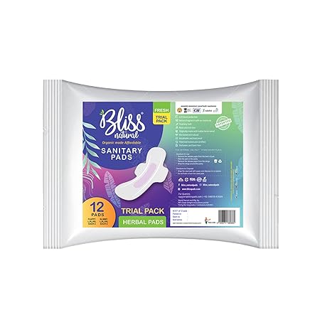 BLISSNATURAL Organic Sanitary Pads For Women | Cotton Sanitary Pads | Trail Pack | Size - L,XL,XXL Ultra Soft Cotton Pads | Pack Of 12 Sanitary Pads | We Are Certified
