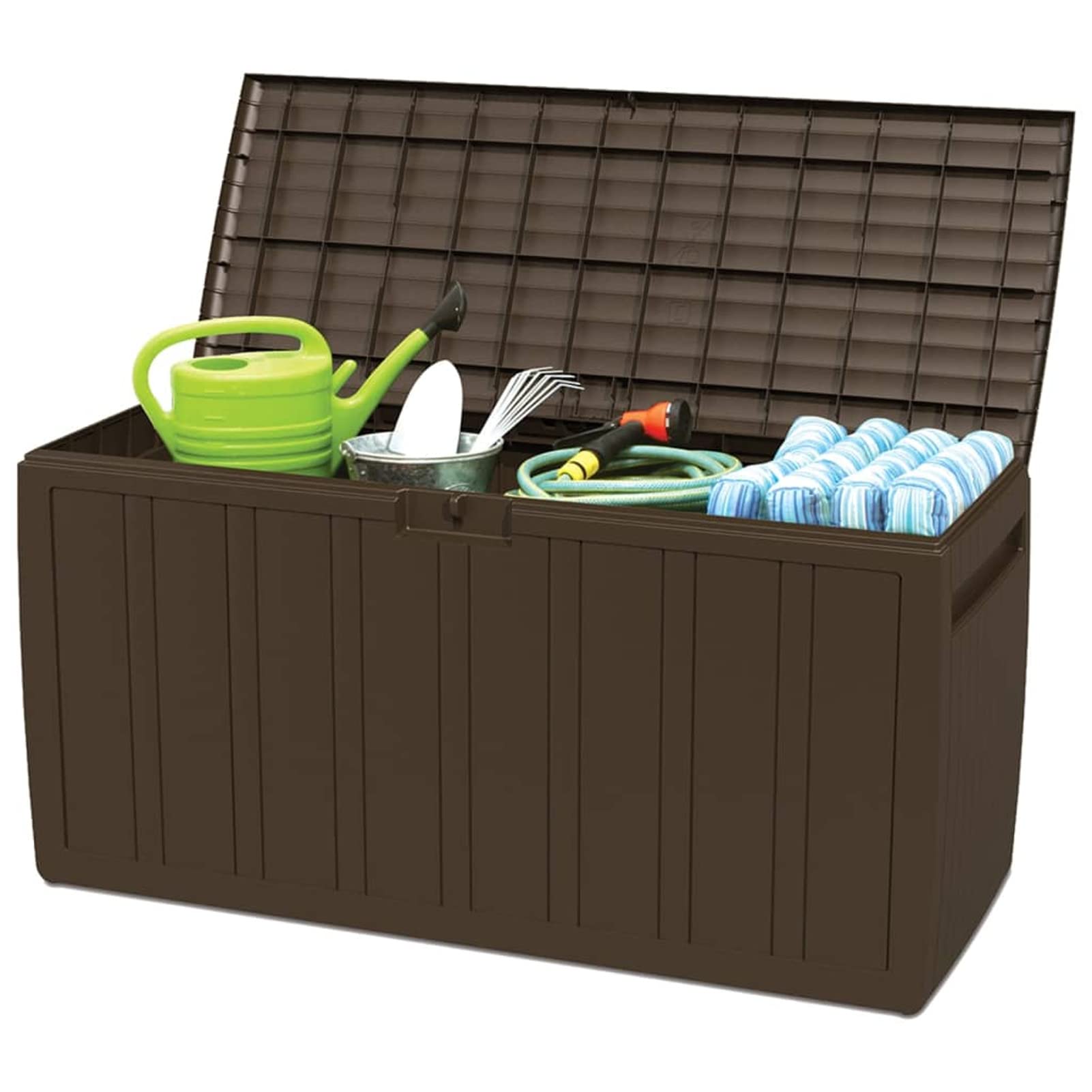 Homgoday Baúl mueble contenedor cojines marrón 117 x 45,5 x 57,5 cm 270 L, muebles baúles y baúles, contenedor de jardín, porta herramientas de jardín, puf de exterior, baúl de exterior