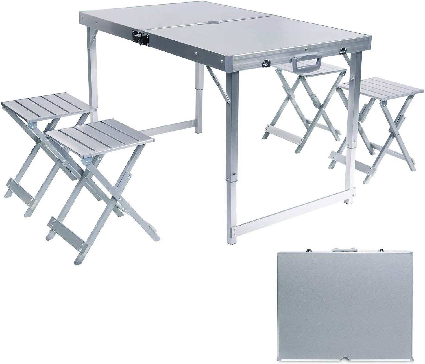 Folding Picnic Table with Umbrella Hole and 4 Folding Stools