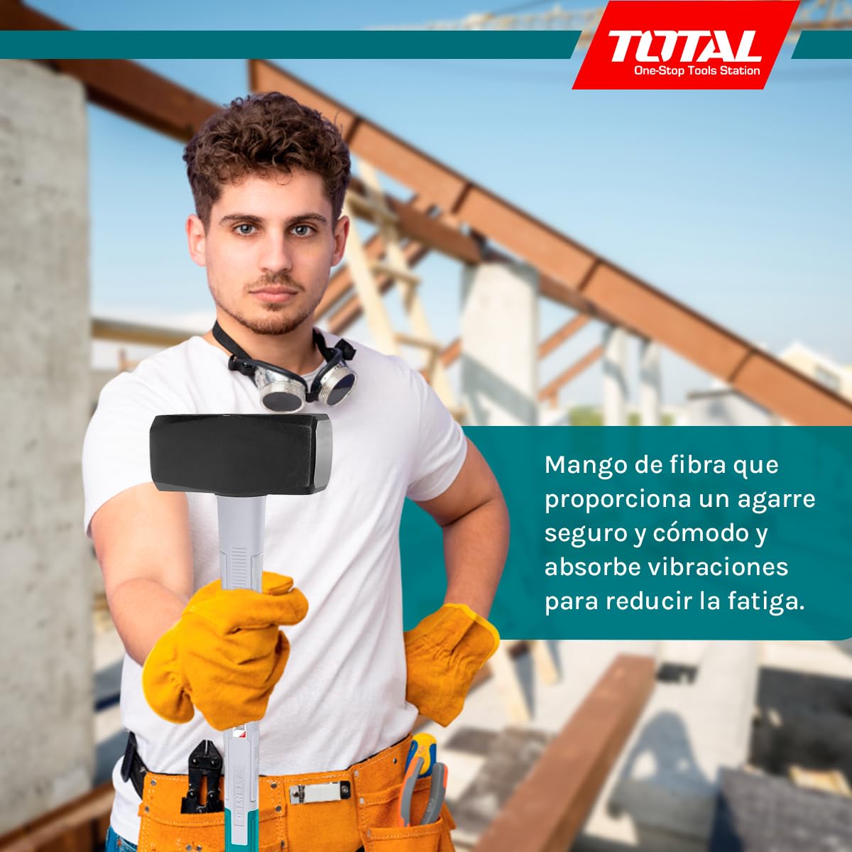 TOTAL - Maza Albañil | 5 kg y 900 mm de Largo | Adecuado Para la Construcción | Alta Resistencia al Impacto | Cabeza Cuadrada de Acero al Carbono Forjado | Mango de Fibra
