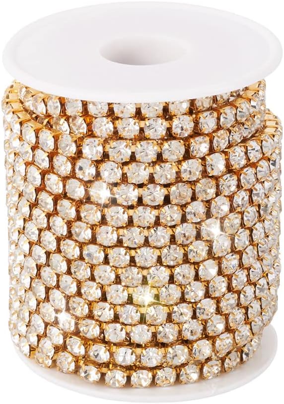 10Yads/Roll 5mm Brass Rhinestone Strass Chain Silver Plated Rhinestone Close Chains Crystal Rhinestone Cup Chains Trim with Spool for DIY Jewelry Wedding Party Decoration Crafts