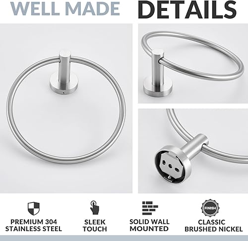 Miniatura 5 de APLusee Toallero de baño de níquel cepillado, soporte de toalla de mano de acero inoxidable 304 para baño y cocina, colgador giratorio redondo