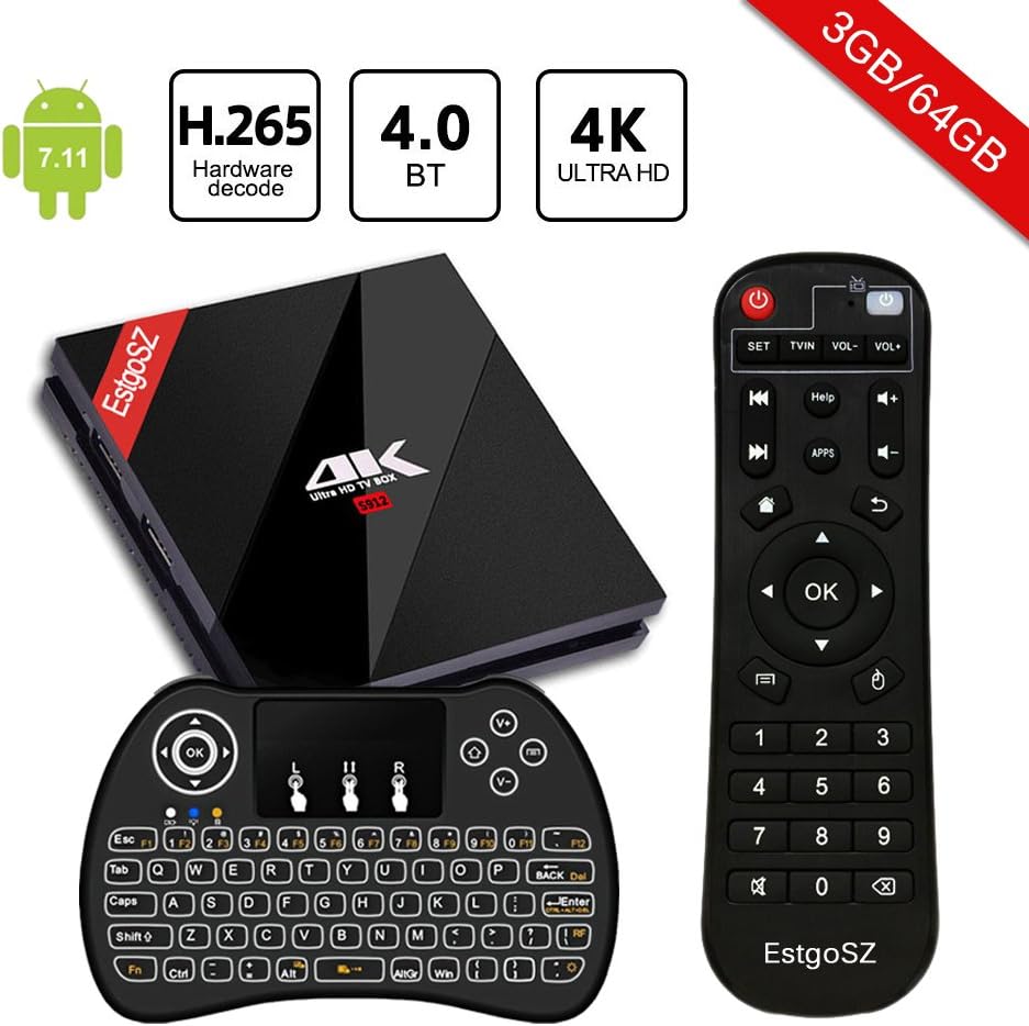 EstgoSZ TV Box Android 7.1 Amlogic S912 Octa-core 64 Bits 3GB DDR3 64GB EMMC 3D 4K Ultra HD Smart Set Top Box Support 2.4G/5G Dual WIFI 1000M LAN H.265 BT 4.1 With Wireless Mini Backlit Keyboard