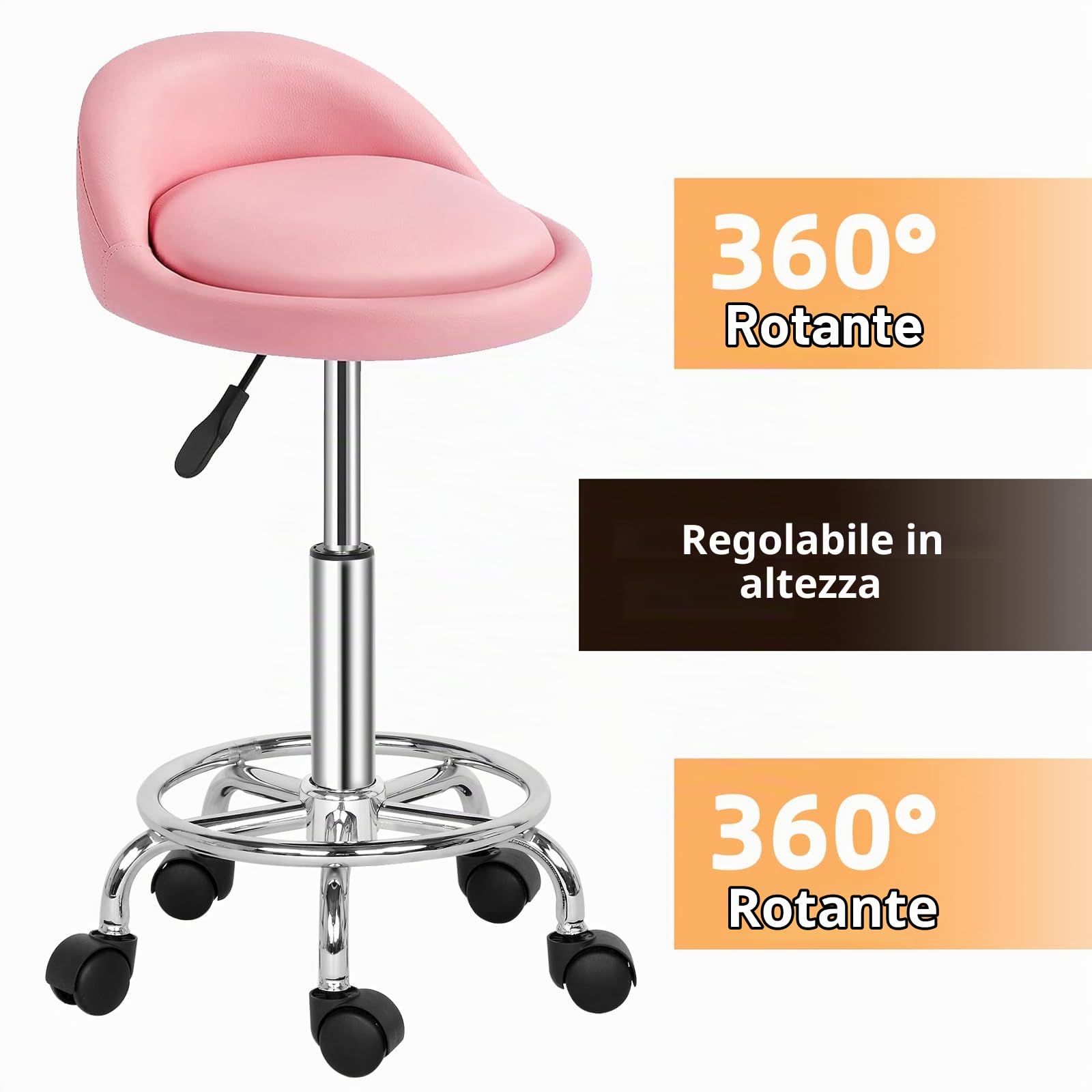 Sgabello Rotondo Schienale 360° 49-64cm Regolabile Rosa