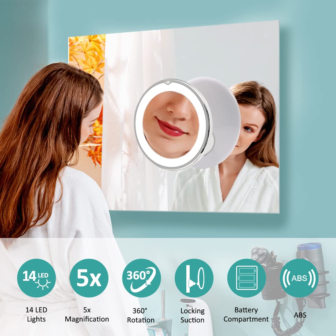 Specchio Da Trucco LED Con Ventosa - Ingrandimento 5x, Rotazione 360&deg;, Luce Fredda, A Batteria