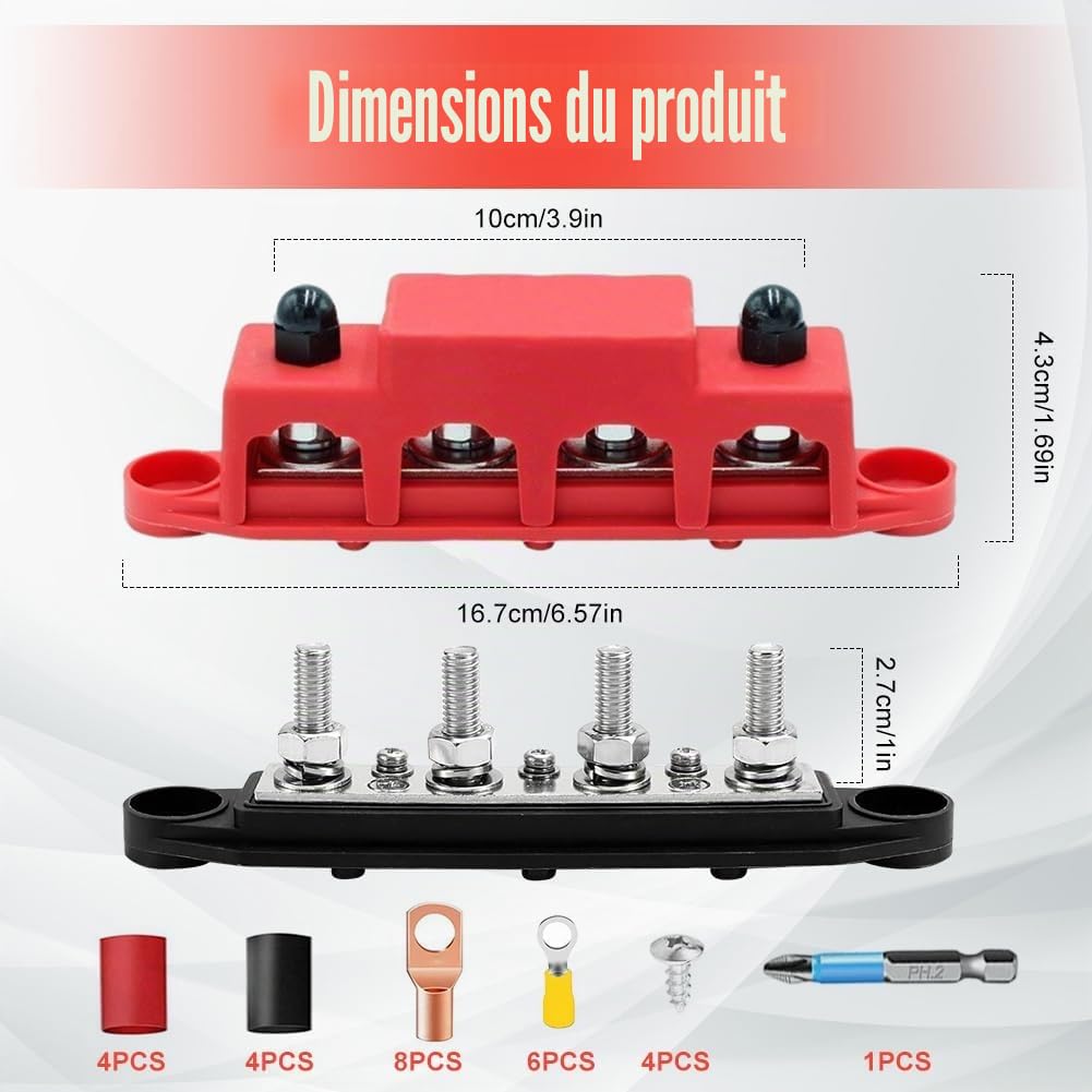 Lot de 2 rails de collecteur 12 V - 48 V CC - Bloc de distribution 250 A BusBar M8 - Avec 4 boulons de serrage M8 - Avec couvercle - Pour voiture, camping-car, bateau, yacht
