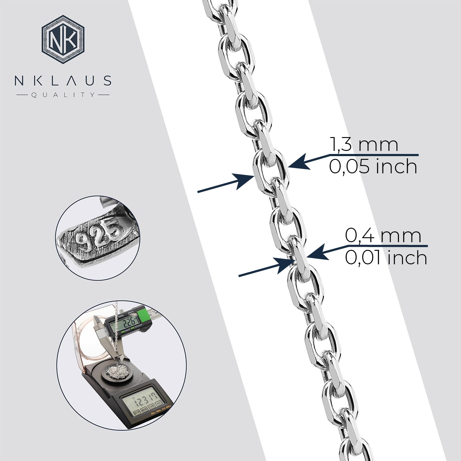 NKlaus Łańcuszek o splocie ankierowym, diamentowany, srebro wysokiej próby 925, 1,30 mm szerokości, łańcuszek na szyję
