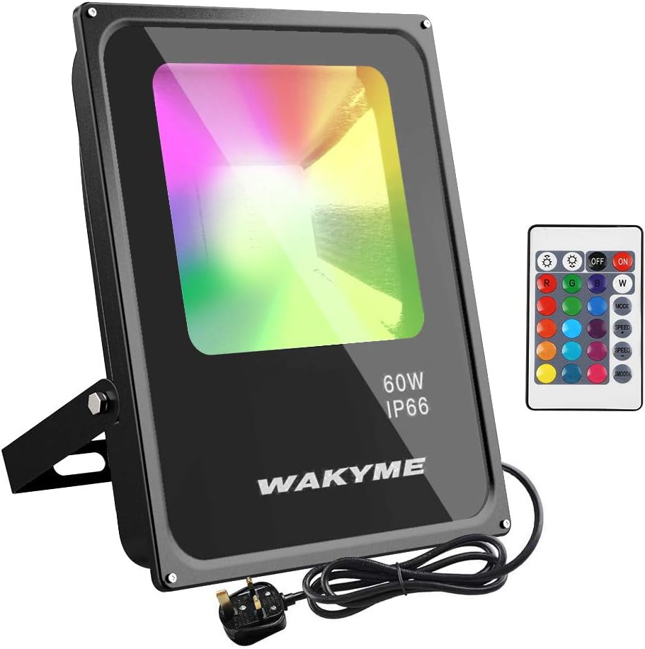 Flood Light, WAKYME 60W 96 LED Floodlight RGB Garden Light with Remote Control, 16 Colors 8 Modes Dimmable Super Bright Security Floodlight Outdoor Lighting Stage Landscape Lighting with Plug