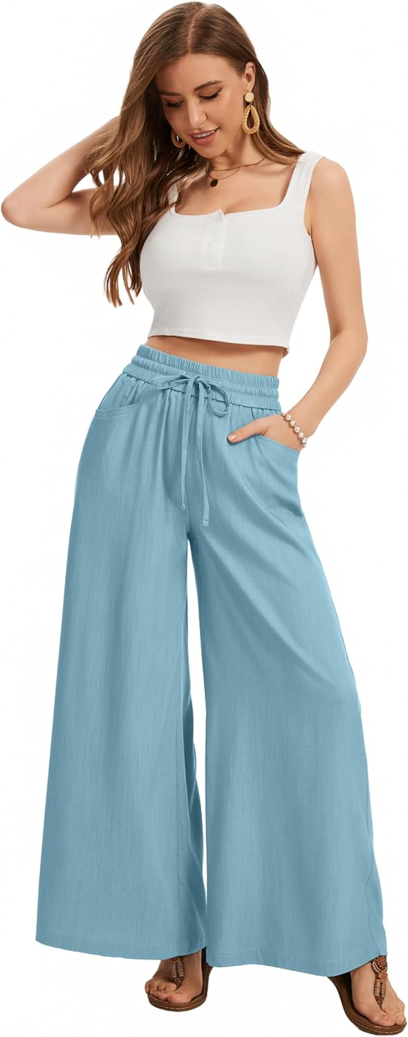 Wide Leg Casual Pants Women Elastic Drawstring Waisted Palazzo Cropped Trousers Baggy Slacks with Pockets - Image 2
