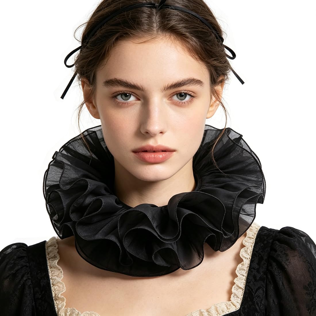 FakeFace Victorian Layered Ruffle Collar Detachable Vintage False Collar Gothic Renaissance Steampunk Clown Ruffled Neck Costume for Carnival Cosplay Party Accessories (Black, one size)
