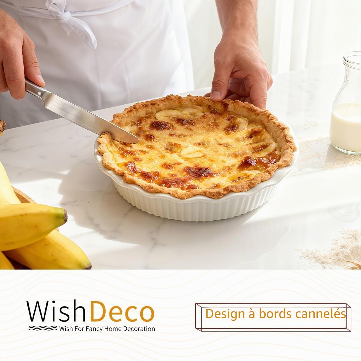 WishDeco Moule à Tarte 23 cm, Moule à Quiche en Céramique Rond 1500 ml, Plat Four à Gratin Blanc, Résistant au Four