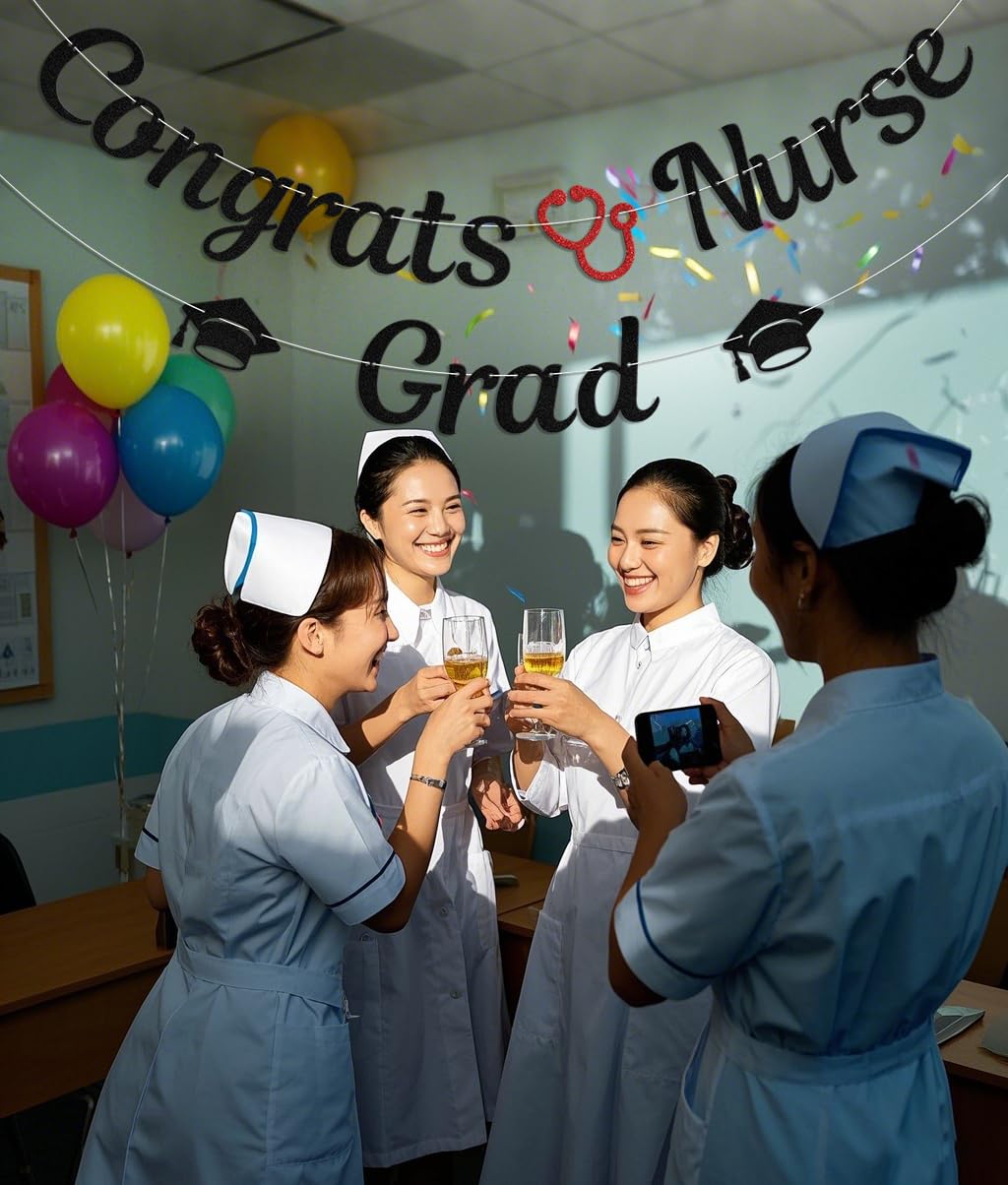 Congrats Nurse Grad Banner,Nursing School Graduation Party Decoartion,Class Of 2025 Congrats Nurse Rn Bsn Grad Party Supplies Black Glitter Double-Sided - Image 3