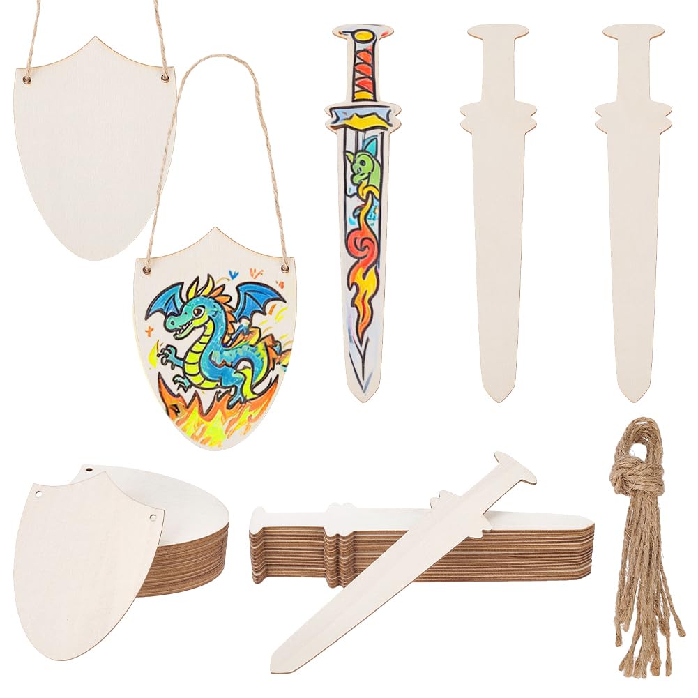 AHANDMAKER 32Pcs DIY Shield and Sword Set Wooden Crafts Blank Shield and Sword Wood Shields Bulk Unfinished Wooden Swords for Knight Party Decoration Art Activity Cosplay Supplies
