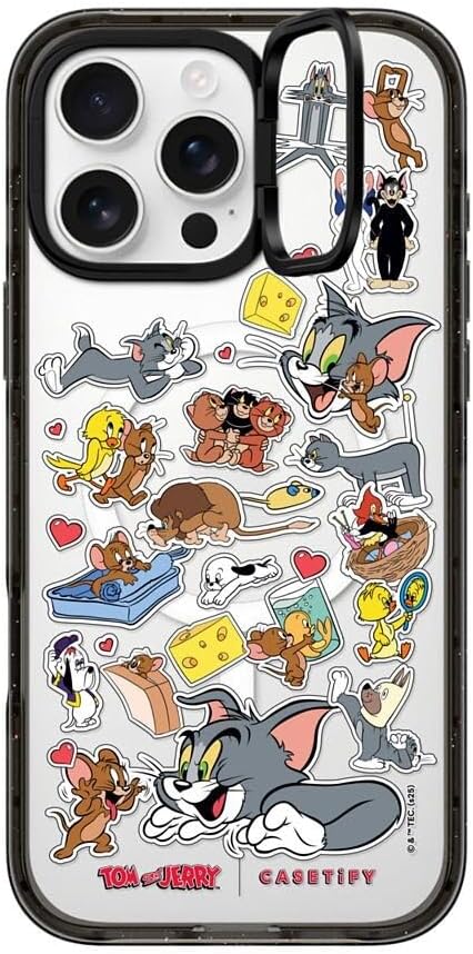 CASETiFY Impact Ring Stand Case for iPhone 16 Pro Max [Tom and Jerry Colab / 3X Military Grade Drop Tested / 6.6ft Drop Protection/Compatible with Magsafe] -Family Sticker - Clear Black