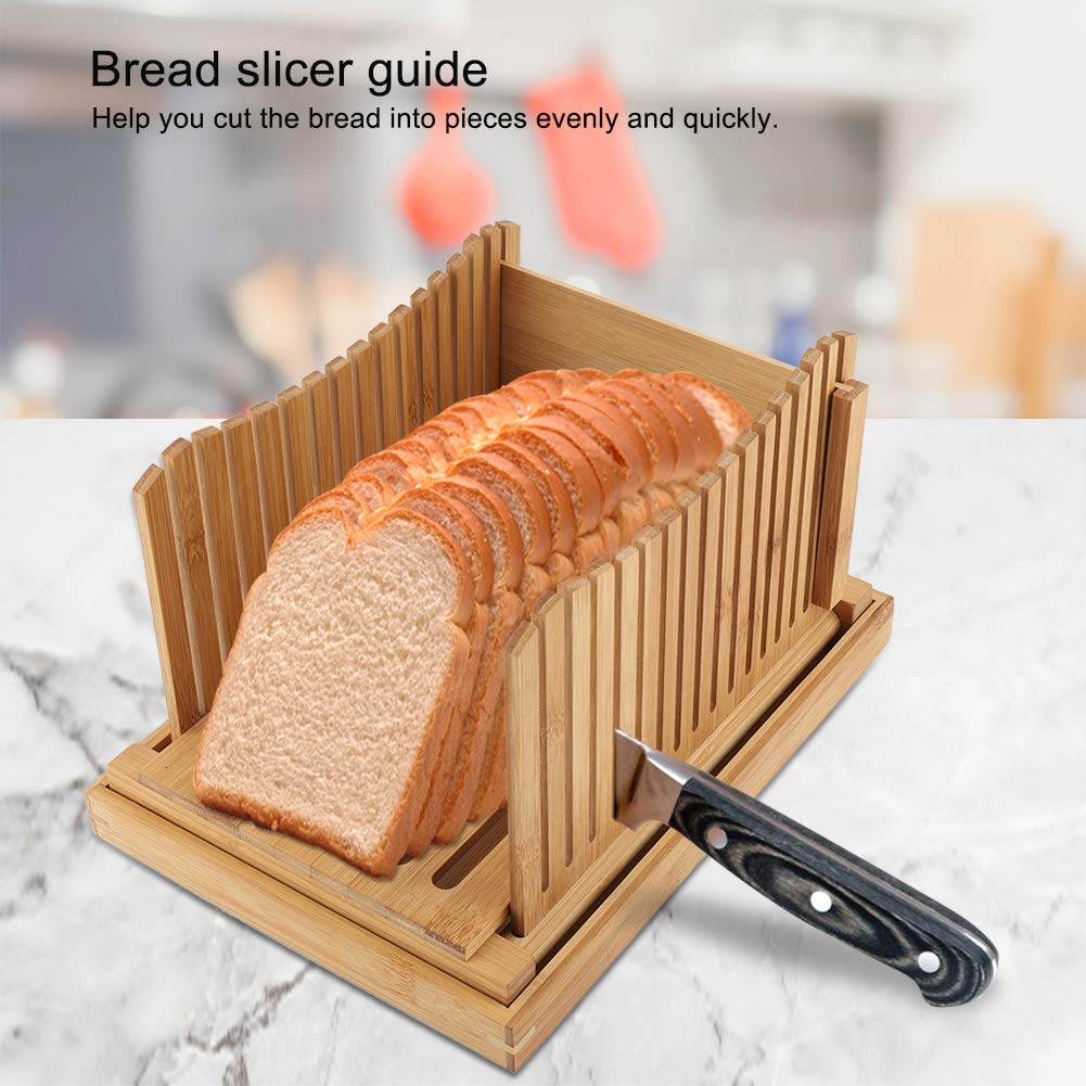 Cortador de pan de bambú con recogedor de migas, guía de corte plegable y compacta para tostadas, pasteles, bagels, sándwich, ideal para entusiastas de la cocina y la repostería