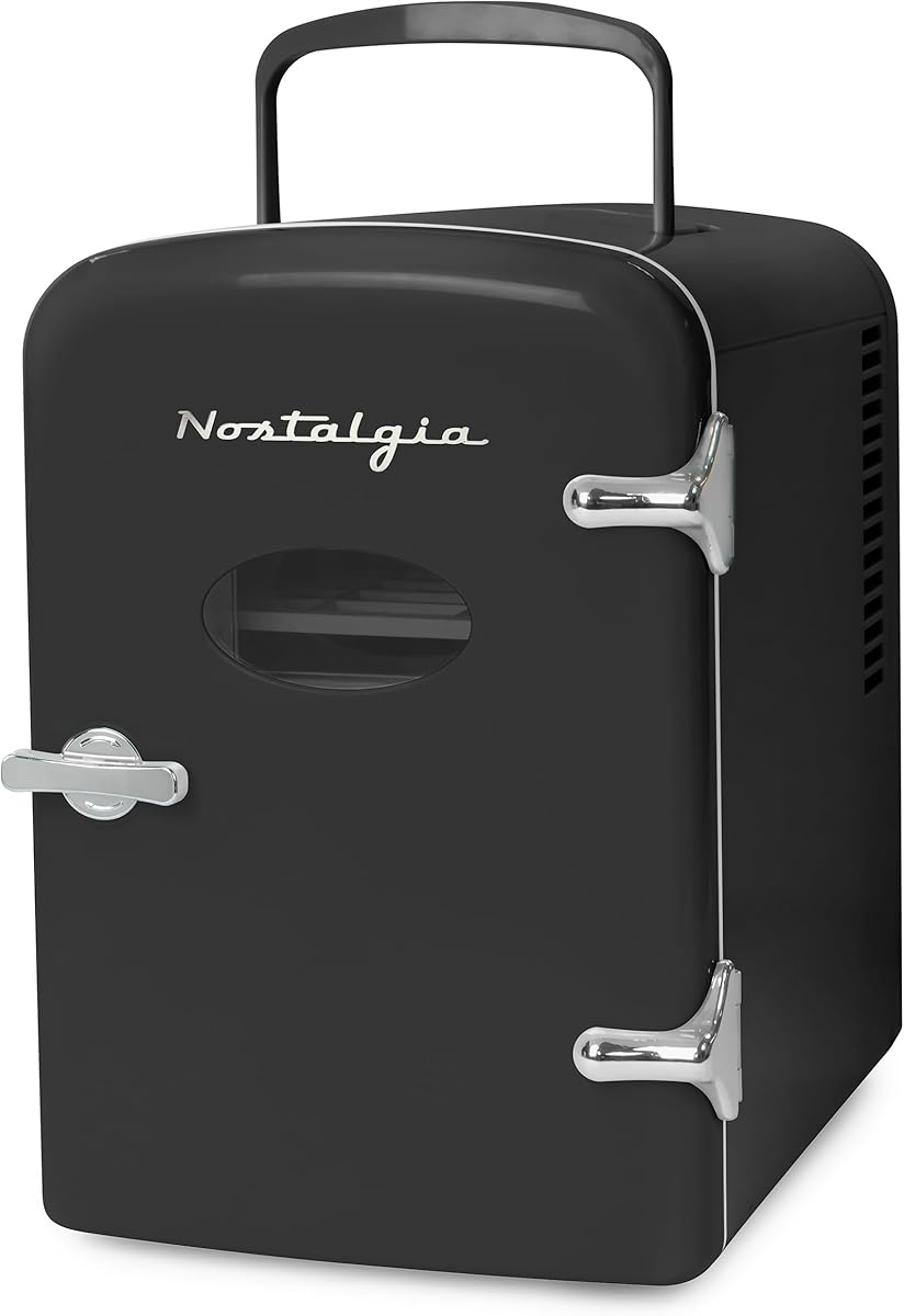 Nostalgia Retro Mini Fridge and Heater 6-Can Capacity, 12-Volt Power Adapter, Carry Handle and Display Window-Perfect for Home, Office, Car, or Dorm Room-Black