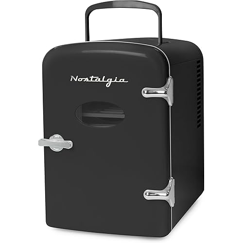 Nostalgia Retro Mini Fridge and Heater - 6-Can Capacity, 12-Volt Power Adapter, Carry Handle and Display Window - Perfect for Home, Office, Car, or Dorm Room - Black