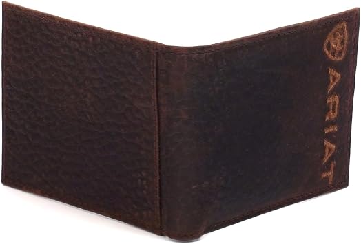 ARIAT Men's Bull Hide Leather Bifold Wallet, Embroidered Logo, Dark Brown | Genuine bull hide leather, slim bifold profile, heavy duty stitching, multiple card slots for daily carry