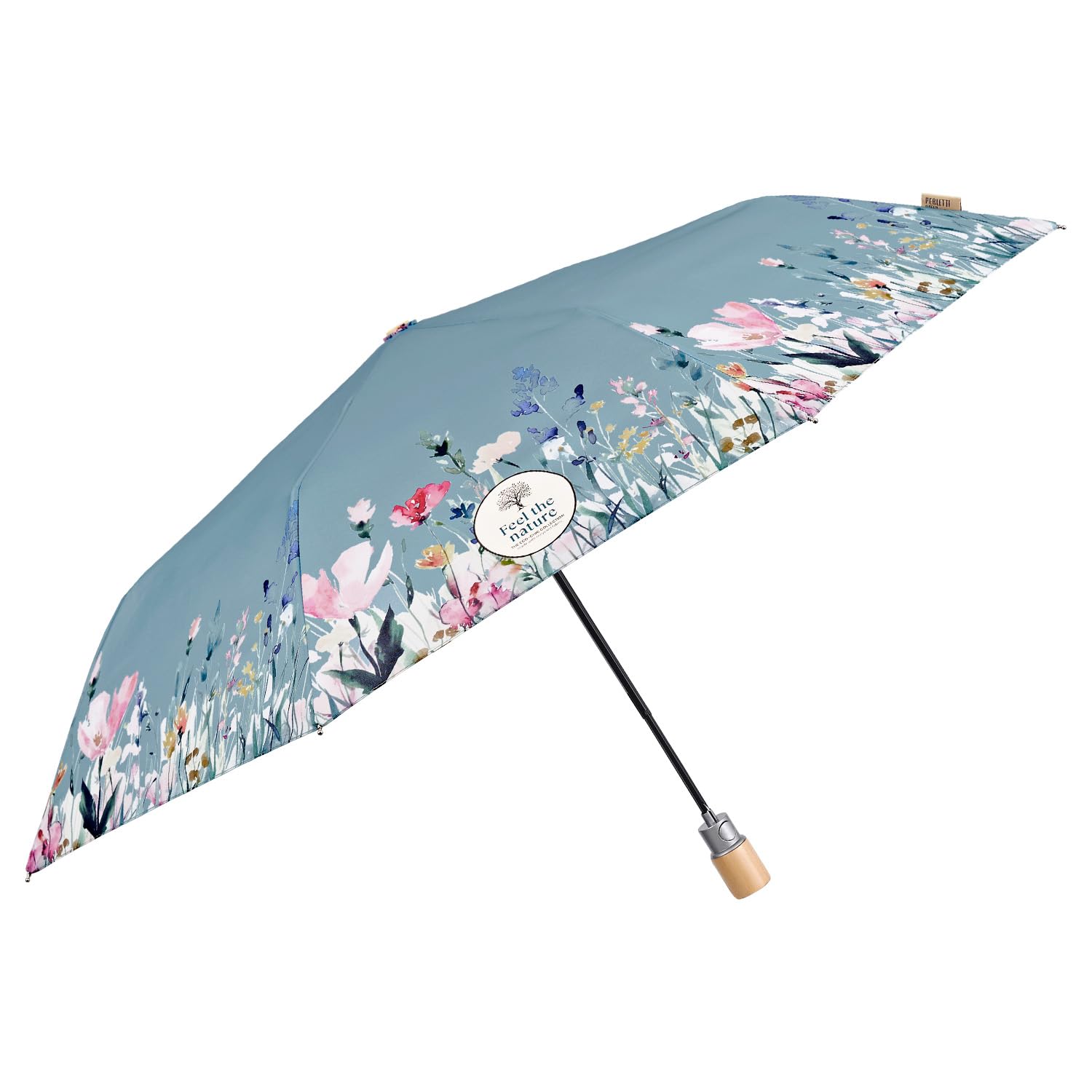 PERLETTI GREEN Parasol Kobiet Automatyczny Przyjazny Środowisku - Parasolka Organiczna Ekologiczna Uchwyt z Drewna - Kompaktowe Małe Parasole Wiatroodporne - Średnica 96 cm