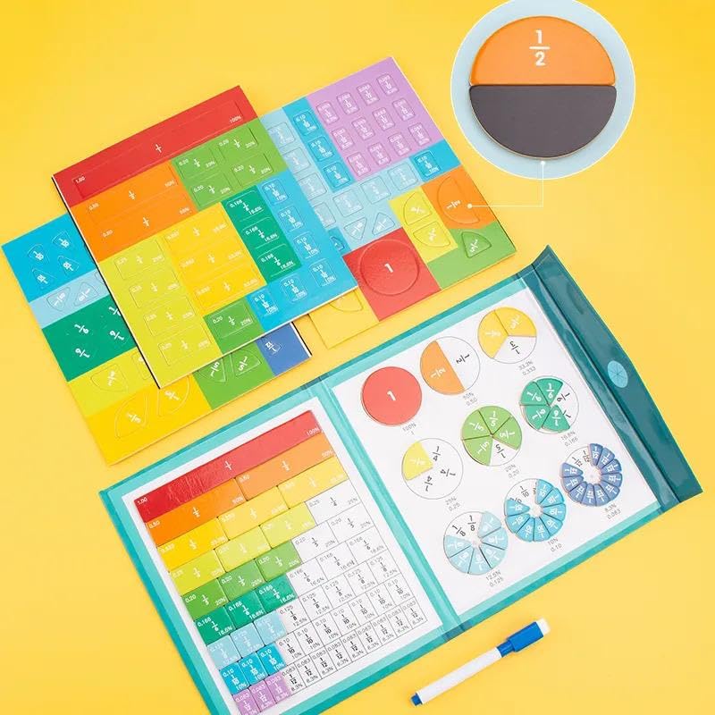 SYSVENT The Future Education Magnetic Fractions Gain Wooden Book Toys, Educational Math Tiles and Fraction Circles, Set of 102 Pieces with 3 Card Set,Gift for kisd Ages 3+ Education Toy 1