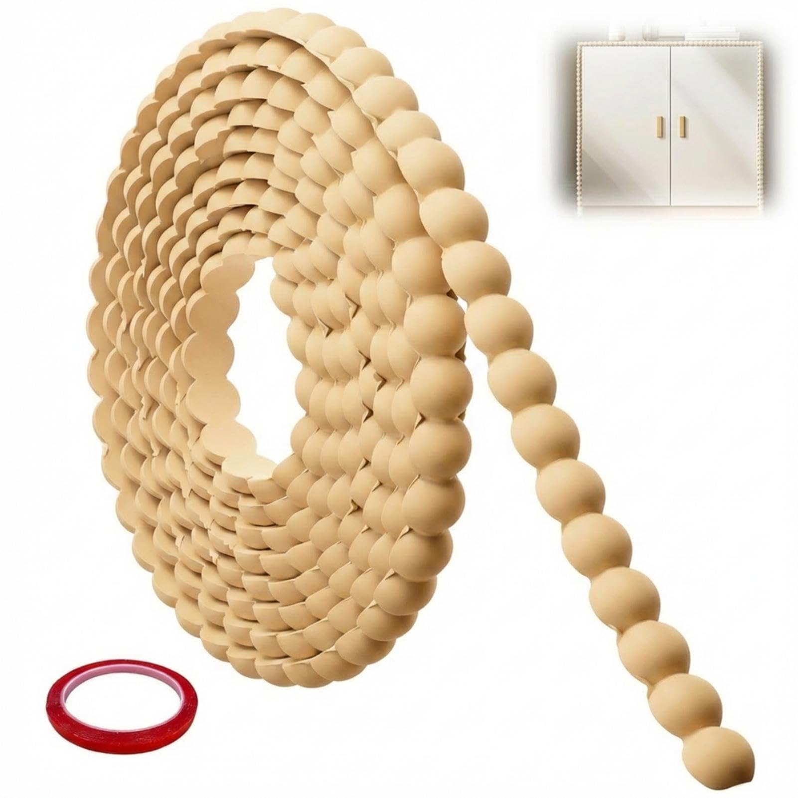 Decorative Beaded Wood Trim 3m/118in Wood Beading Trim for Wall Panelling Wooden Beading Self Adhesive Bobbin Trim Moulding with Tapefor DIY Cabinet Furniture Edge Decor Window Door (15mm Width)