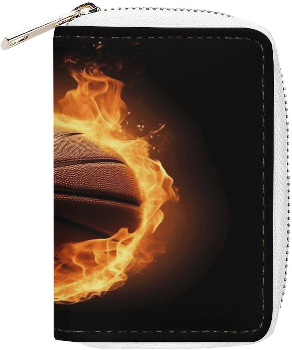 Burning Basketball Pictures Card Holder RFID Blocking,Credit Card Wallet for Women And Men,Card Case Organizer Bag with Zipper