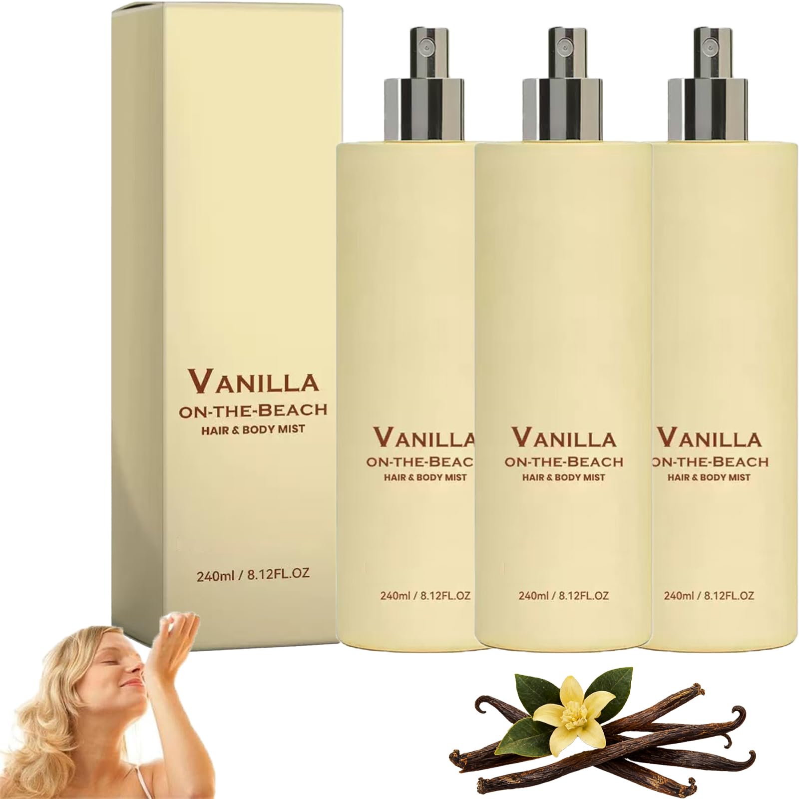 Vanilla On-The-Beach spray do włosów i ciała, waniliowy spray do ciała, długotrwały zapach, lekki i nieklejący, przenośny spray do ciała i pomieszczeń dla mężczyzn i kobiet, 240 ml (3)