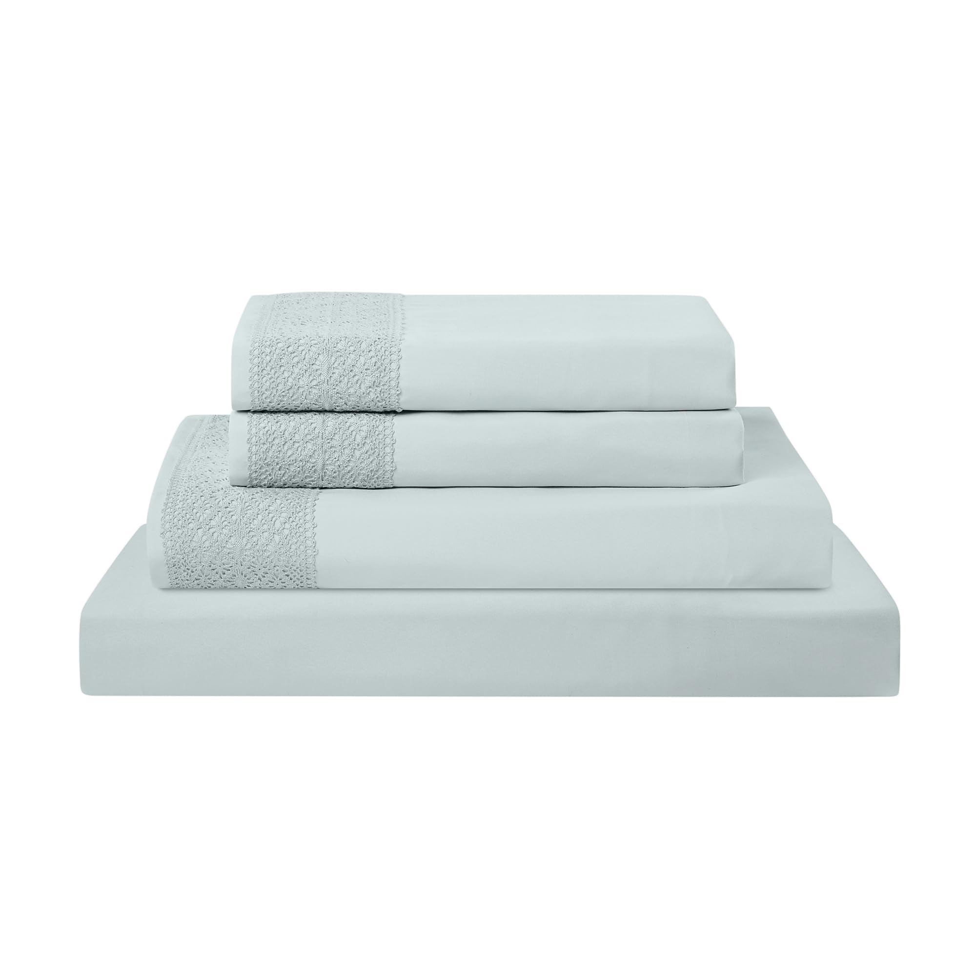 Modern Threads Includes Flat, Fitted Sheet with Deep Pockets, & Pillowcases Set di 4 Pezzi di Lenzuola in Microfibra con Pizzo all'Uncinetto, Nebbia Marina, Una Piazza e Mezza, Completo, 4 unità
