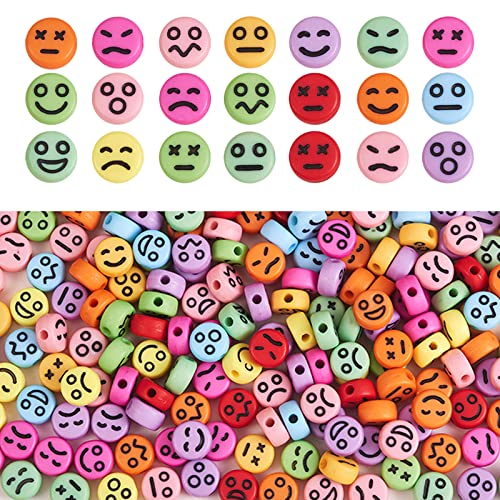WEWAYSMILE Lot de 200 perles colorées en acrylique avec motif smiley pour la fabrication de bijoux, colliers, bracelets Cover