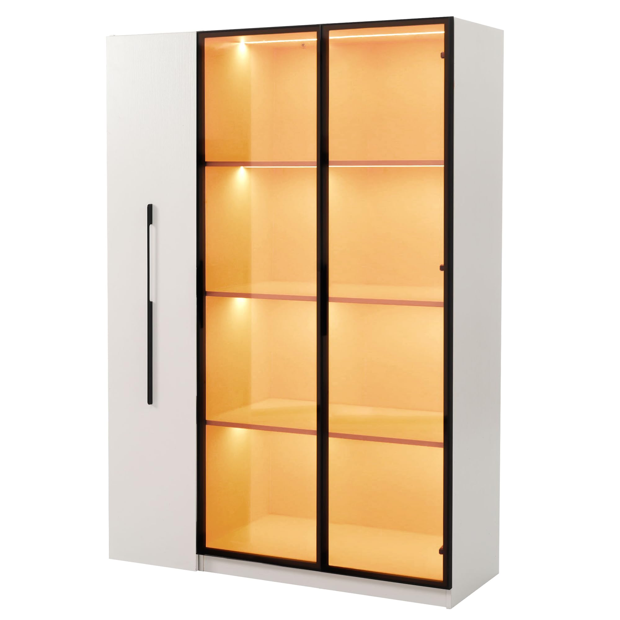 Merax Vitrina de 110,5 × 35 × 160 cm, armario multifunción con puerta de cristal e iluminación LED, cajón lateral con espacio de almacenamiento, armario alto de estilo francés, adecuado como