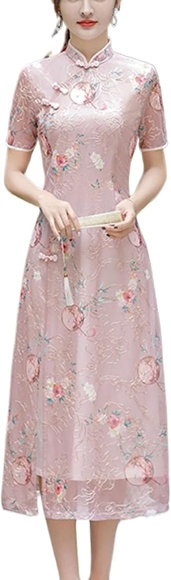 RZIHOI Summer Long Style Vietnamese Traditional Ao Dai Cheongsam Qipao Dress Mesh Embroidery Chinese Dresses for Women Mother