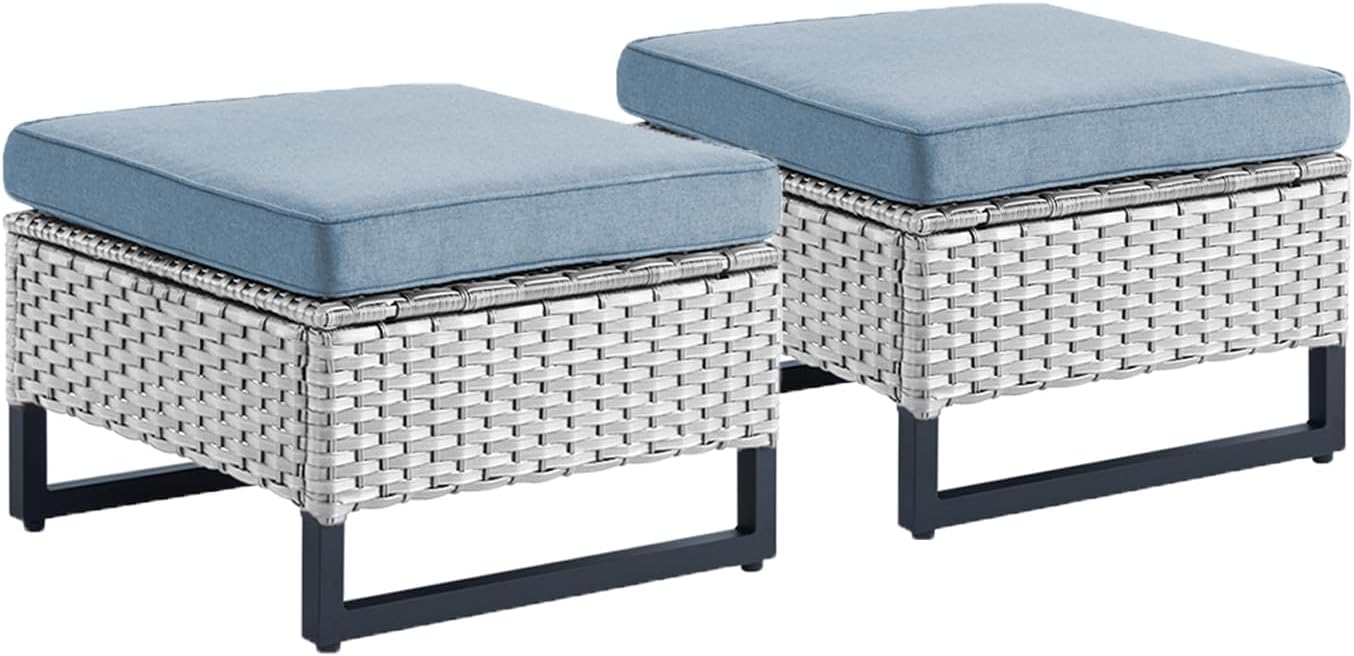 Patio Wicker Ottomans Set of 2, All Weather Outdoor Rattan Ottoman Seat, 2 Pieces Outdoor Patio Ottomans, Outdoor Footstool Footrest, Light Grey/Light Blue