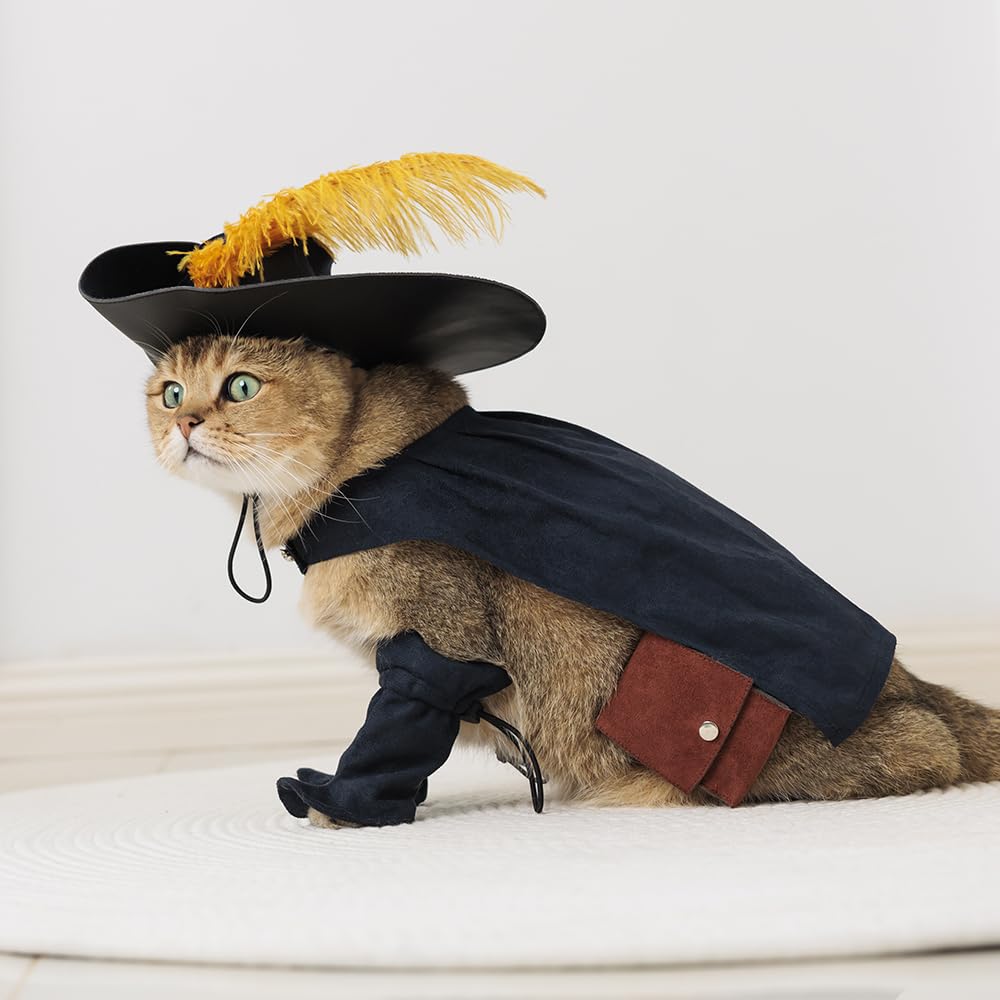 EOILFM Disfraz de Gato y Gato con Bota para Cosplay, Halloween, Lindo Gatito, Cachorro, Disfraz, Juego de simulación con Capa, Sombrero, cinturón, Capa, Accesorios, S, Negro