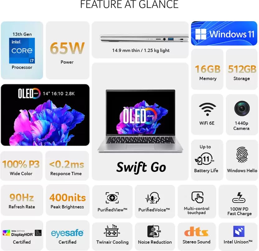 Image of acer Swift Go OLED Display Thin and Light Premium Laptop Intel Core i7 13th Gen 13700H (16GB / 512GB SSD /Windows 11 Home /MS Office) Silver, SFG14-71, 35.56 cm (14.0 Inch)