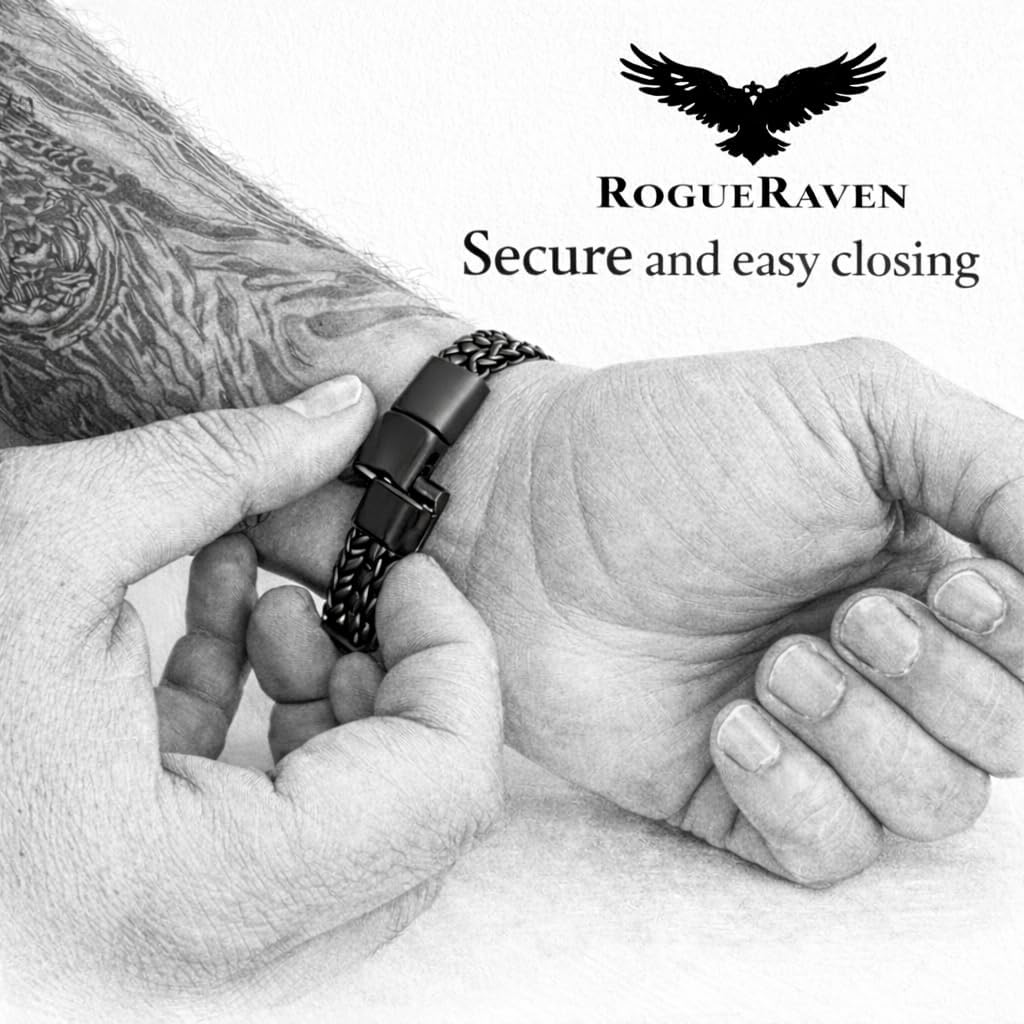 RogueRaven Premium I Black Leather Bracelet for Men | Genuine Braided Leather: Single, Double, Stacked & Stainless Steel Chain Designs| Genuine Leather Mens Bracelet with Stainless Steel Clasp [Adjustable] | Exclusive Jewelry Gift Box
